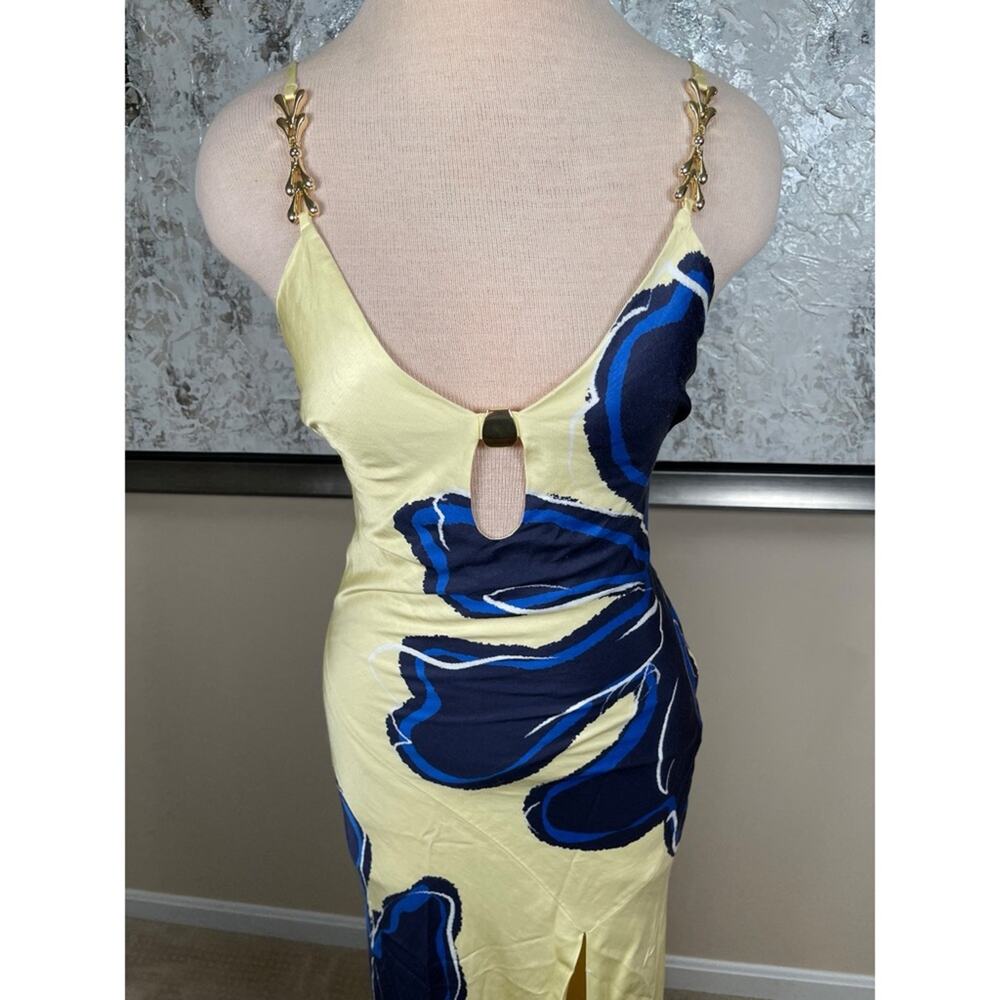 REBECCA VALLANCE Indigo Bloom Floral Gold Hardware Embellished Maxi Dress Size 0 - Picture 3 of 8